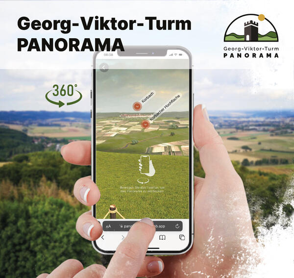 Bild vergrößern: Zu sehen ist ein Smartphone, das auf den Georg-Viktor-Turm zeigt.
Oben rechts ist das Logo zu sehen und oben links der Schriftzug 360°.