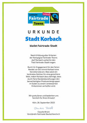 Bild vergrößern: Urkunde zur Rezertifizierung der Fairtrade-Stadt Korbach 2023