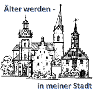 Bild vergrößern: Das Bild zeigt die Silouette der Kilianskirche, Nikolaikirche, Steinhaus und Rathaus mit dem Text Älter werden - in meiner Stadt.