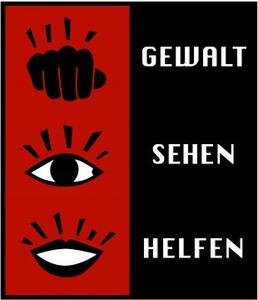 Das Bild zeigt Symbole für Prävention: Gewalt gleich Faust, Sehen gleich Auge, Helfen gleich Mund.